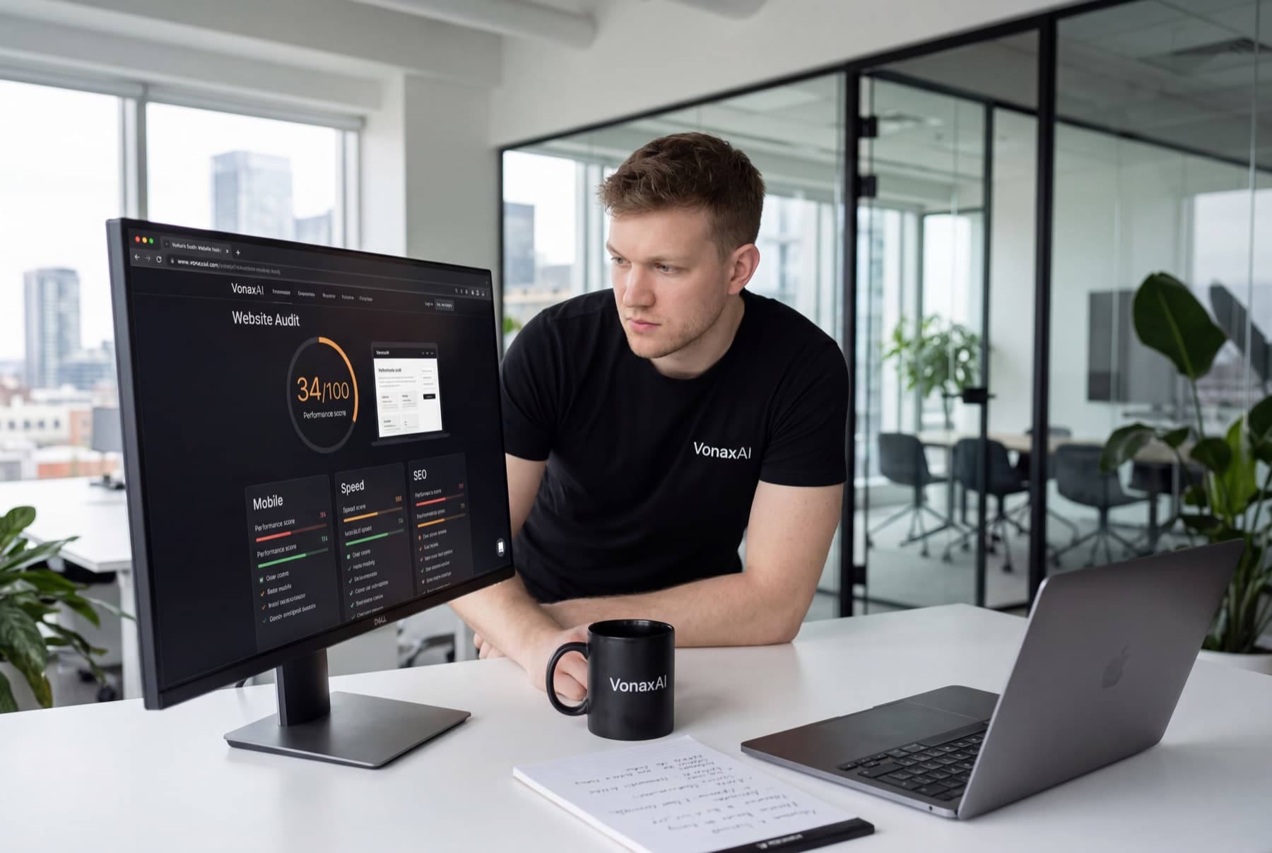 Maximilian Bossow am Arbeitsplatz mit Website-Audit auf dem Monitor