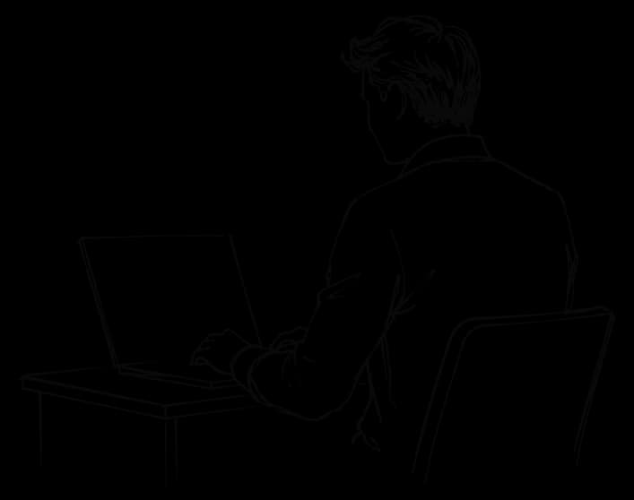 Ink drawing: a figure at a laptop, hesitating