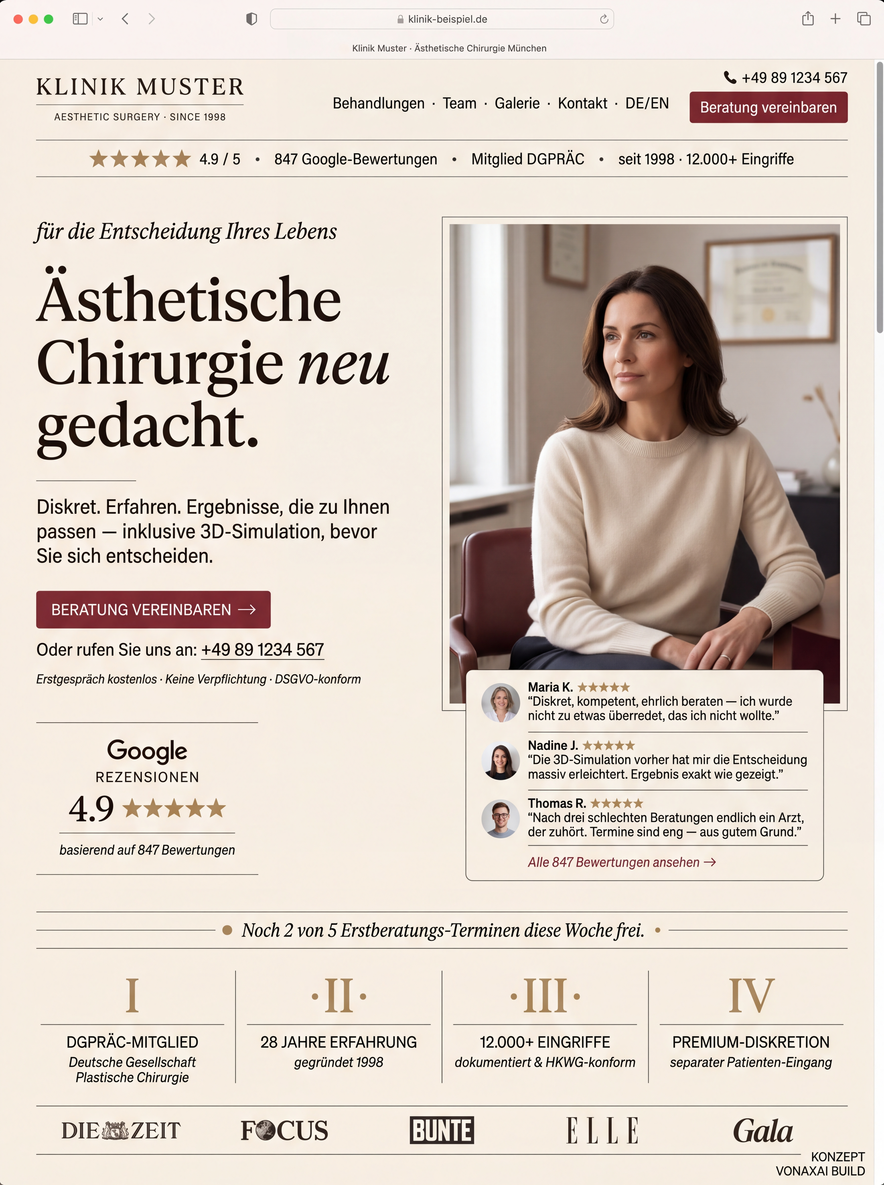Illustratives Beispiel: moderne Aesthetics-Klinik-Website nach VonaxAI-Redesign — editorial Hero, Google-Reviews-Widget 4.9/5, Trust-Stack, Risk-Reversal-Badge, Scarcity-Signal, HKWG-konform