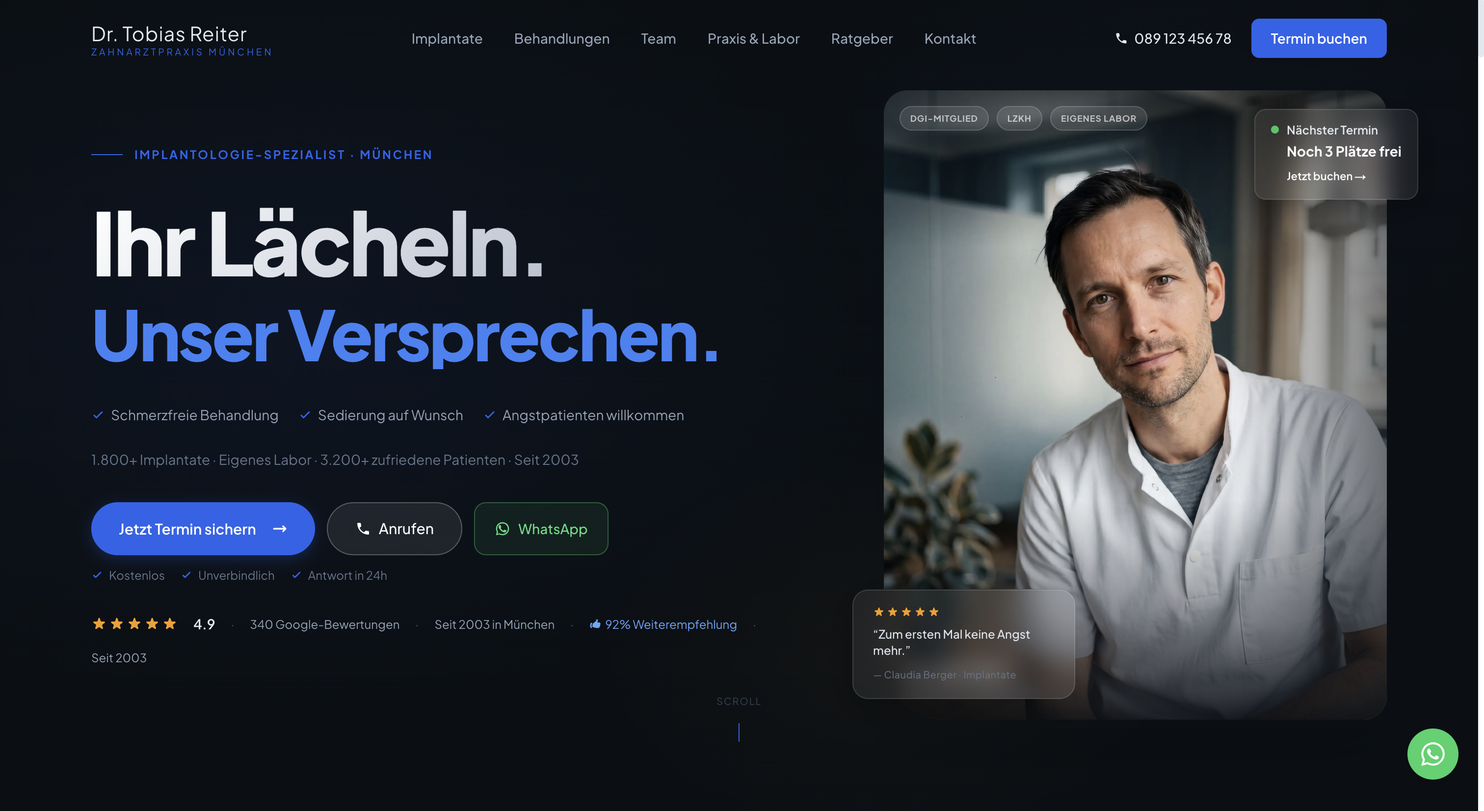 Zahnarztpraxis Website nach VonaxAI Redesign — Dr. Tobias Reiter München