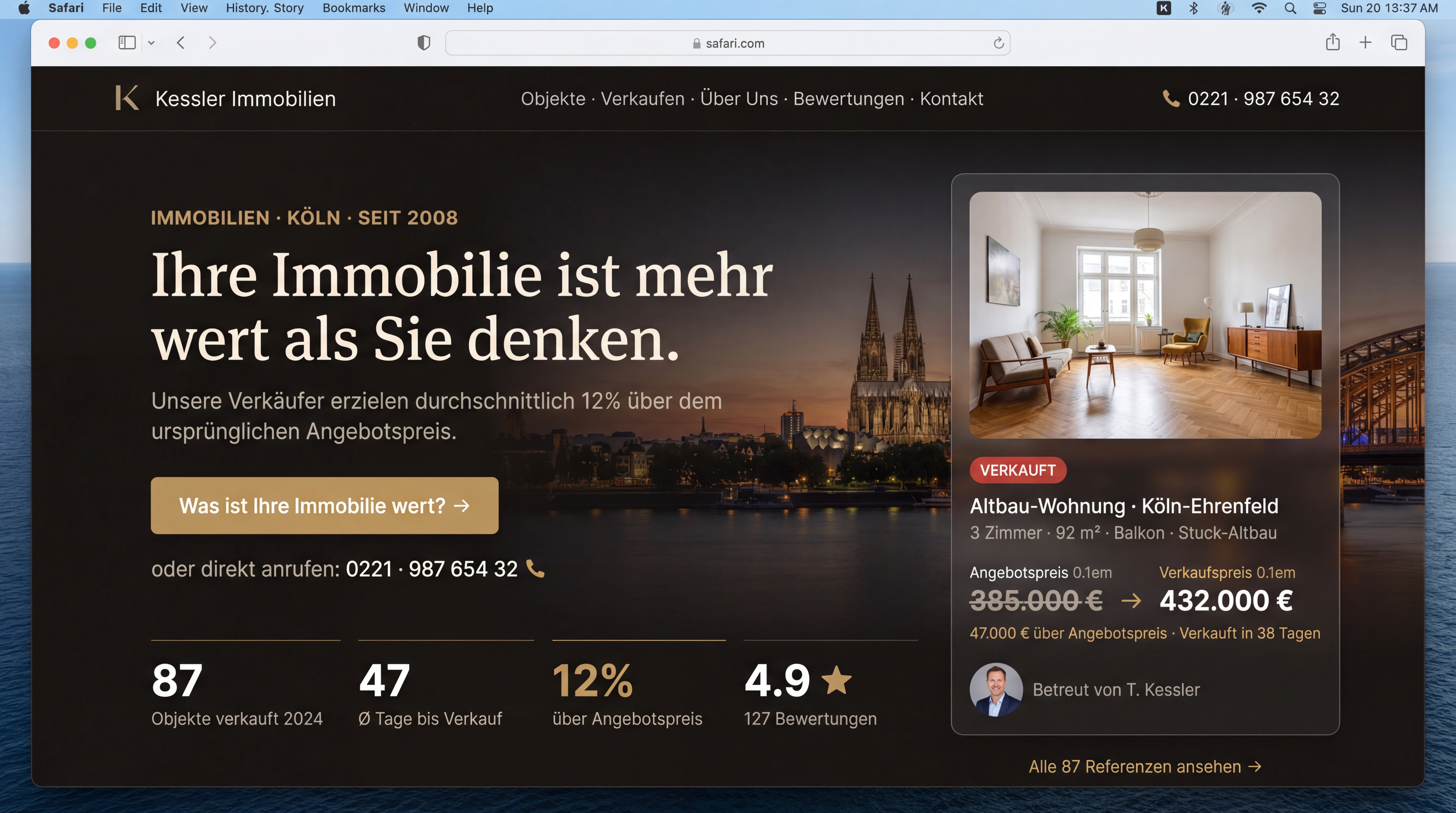 Premium Makler-Website Köln — Penthouse Interior mit Skyline-View