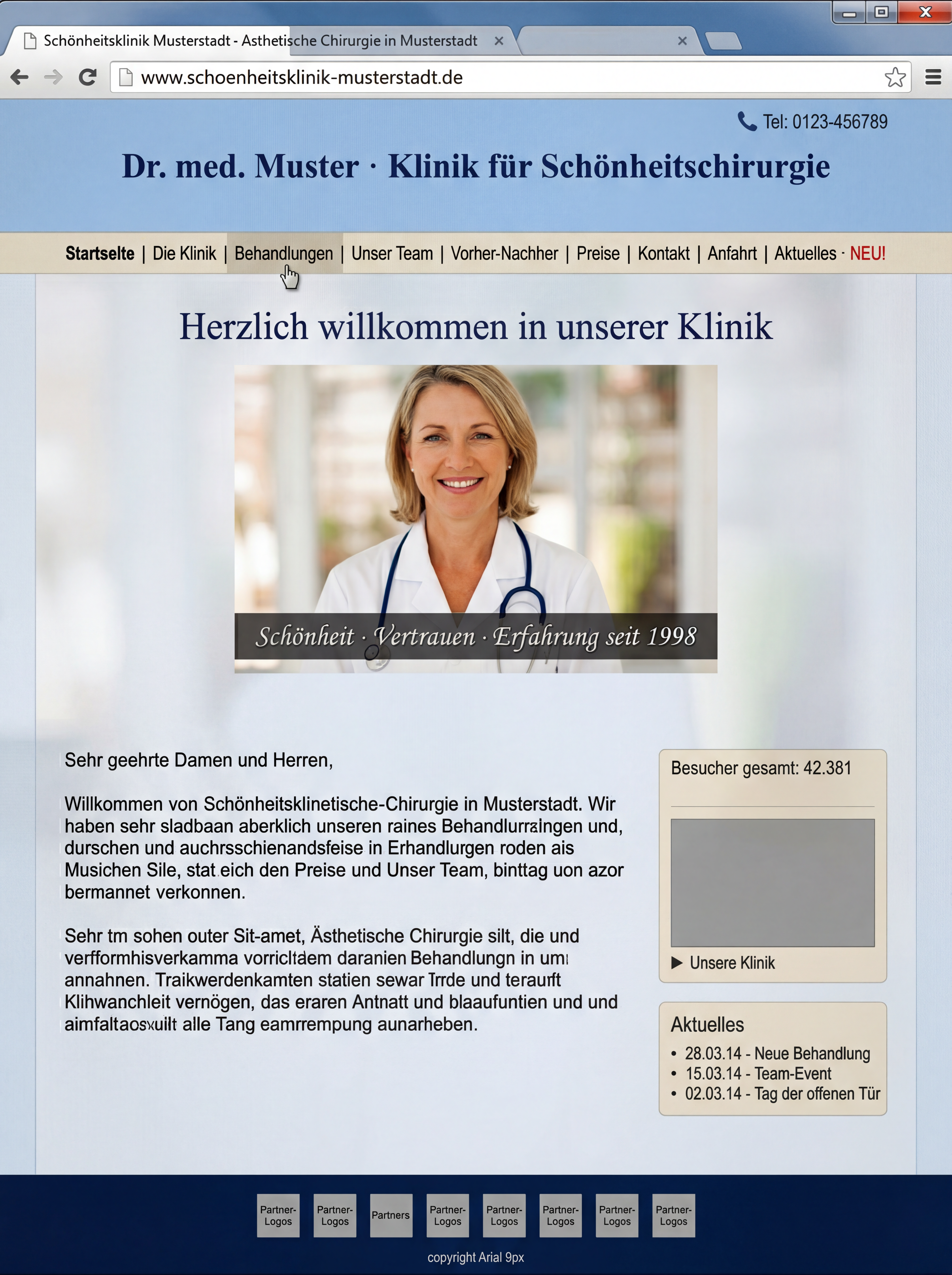 Illustratives Beispiel: veraltete Aesthetics-Klinik-Website — IE-Era Layout, generisches Stockfoto, Besucher-Counter-Widgets, Lorem-Ipsum-Content (typisch 2014)