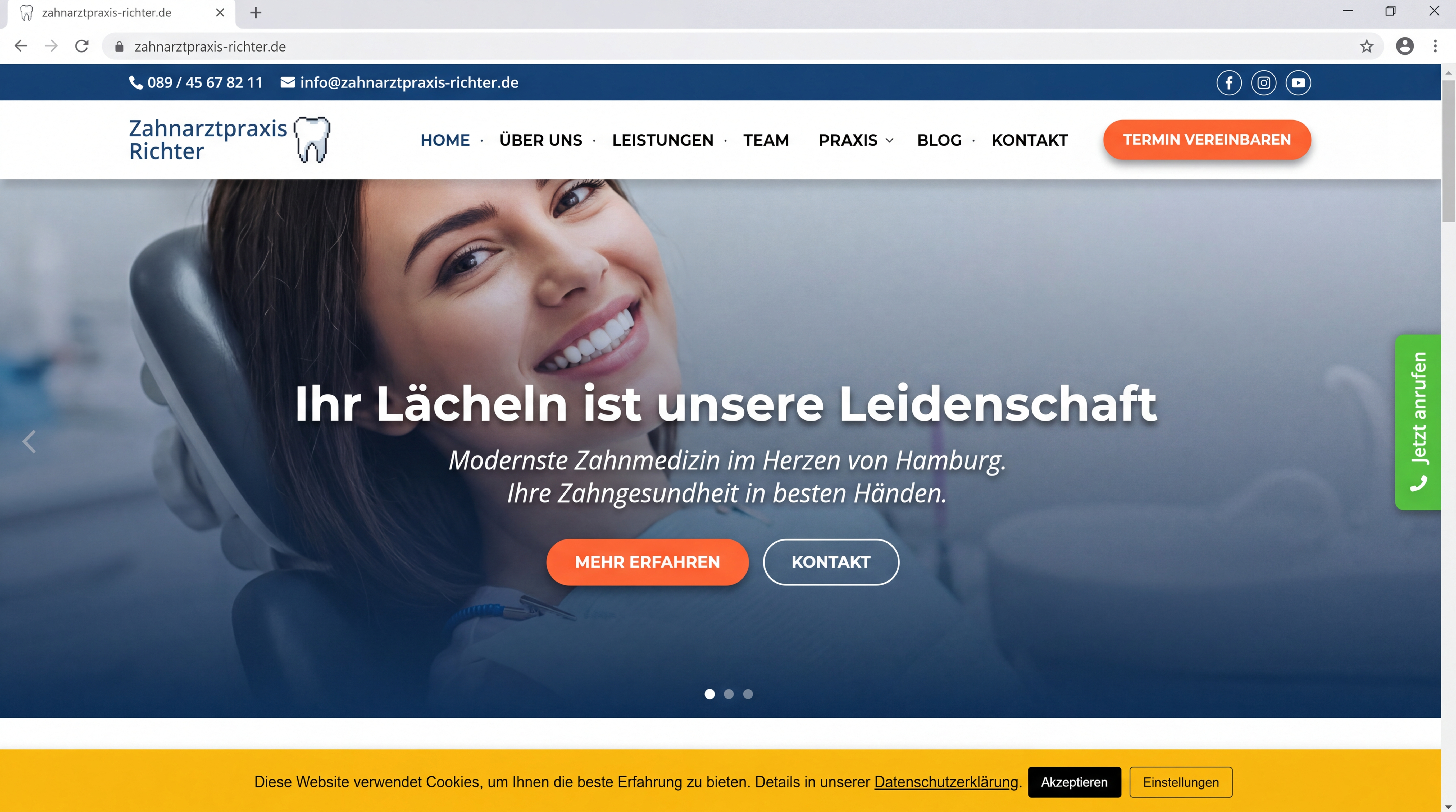 Typische Zahnarzt-Website aus 2020 — generisch, stock-Fotos, keine Conversion-Optimierung